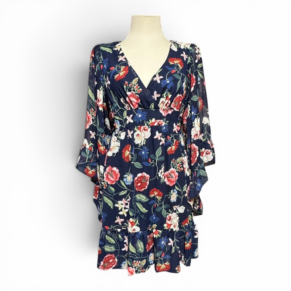 Betsey Johnson Ruffle Long Sleeve Mini Dress Blue Red Green Floral 10